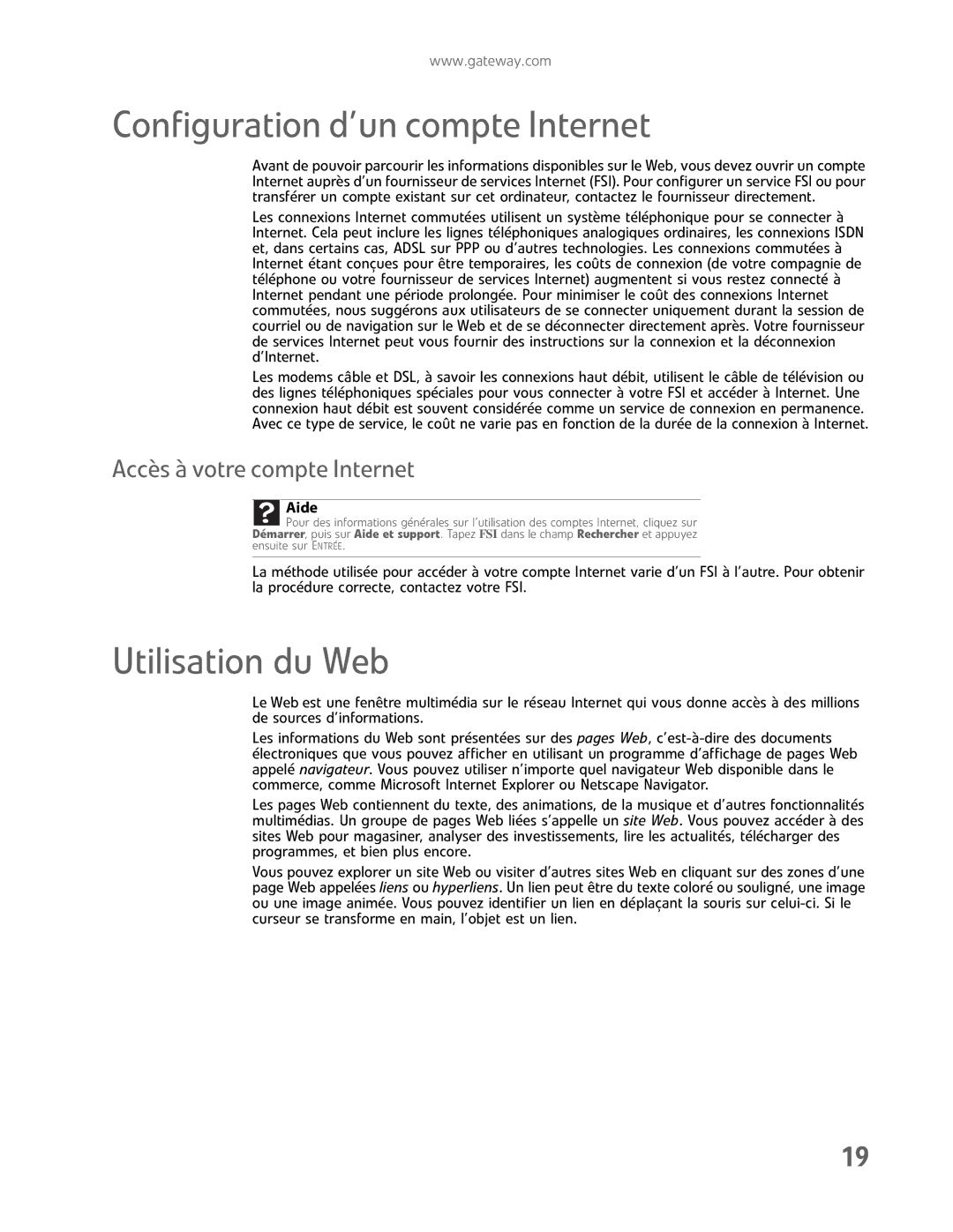 Gateway GM5457H manual Configuration d’un compte Internet, Utilisation du Web, Accès à votre compte Internet 