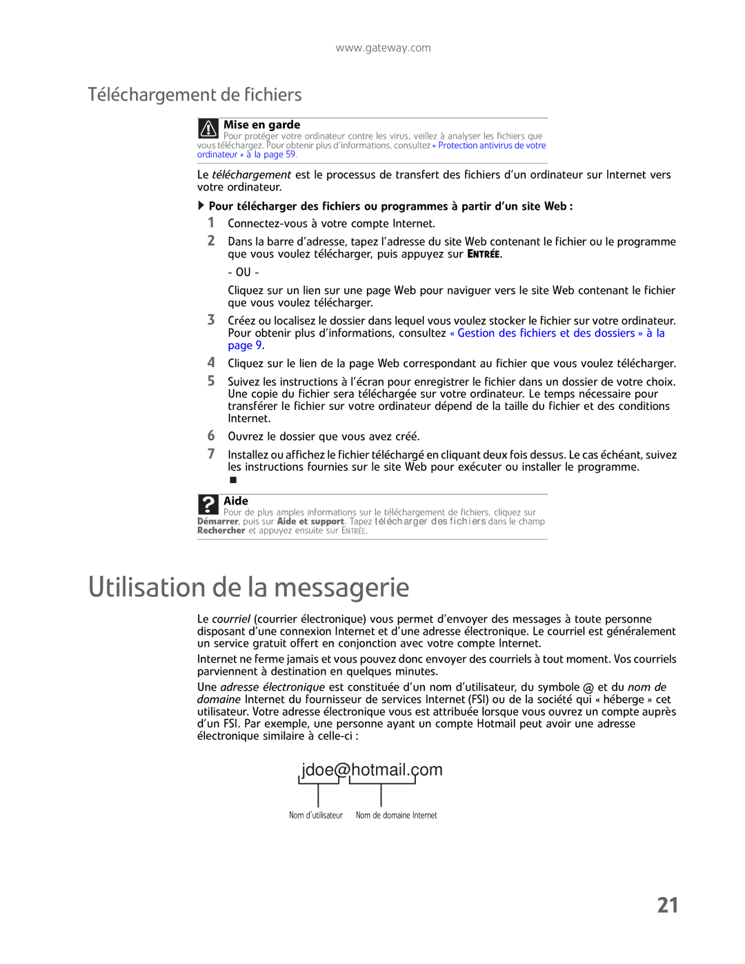 Gateway GM5457H manual Utilisation de la messagerie, Téléchargement de fichiers 