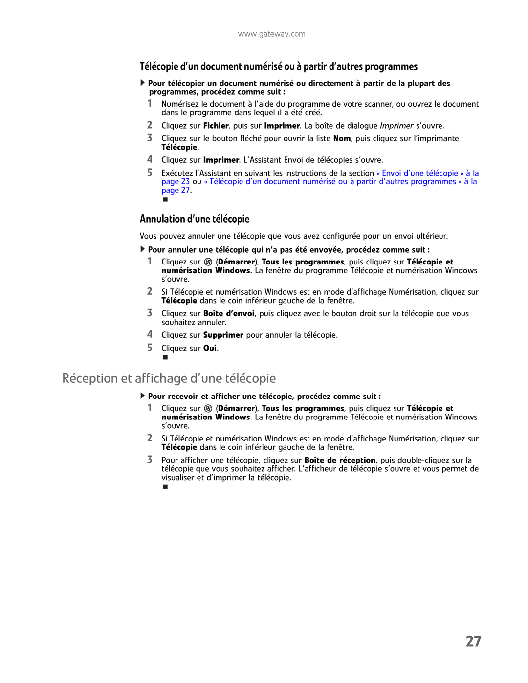 Gateway GM5457H manual Réception et affichage d’une télécopie, Télécopied’undocumentnumériséouàpartird’autresprogrammes 