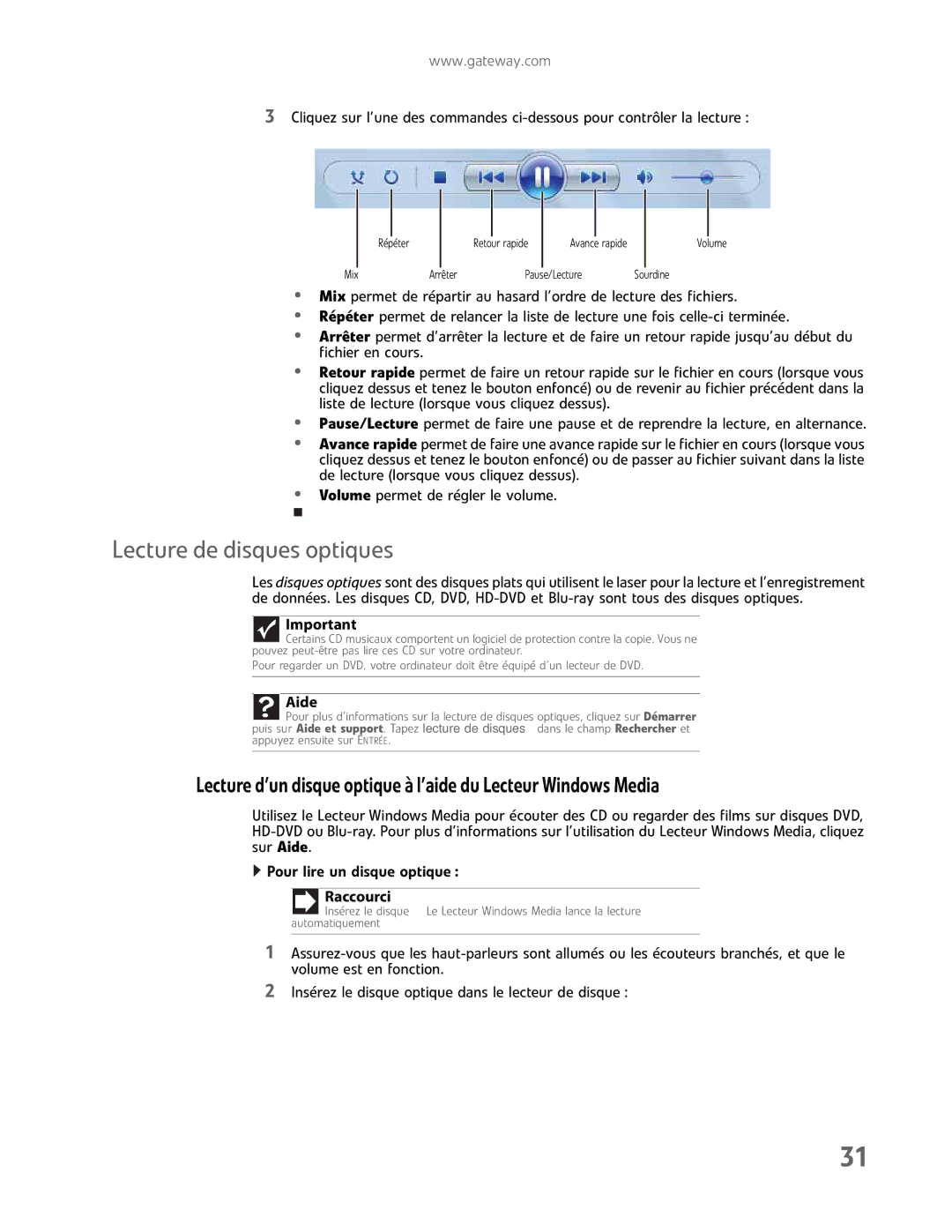 Gateway GM5457H manual Lecture de disques optiques, Lectured’undisqueoptiqueàl’aideduLecteurWindowsMedia 