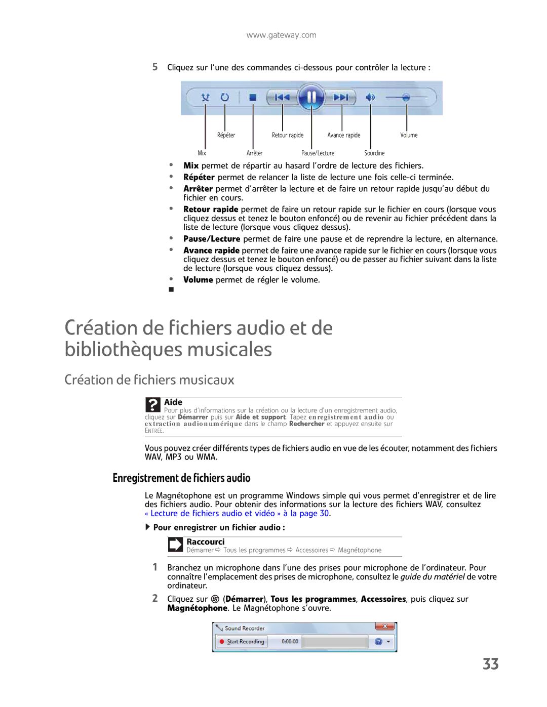 Gateway GM5457H manual Création de fichiers audio et de bibliothèques musicales, Création de fichiers musicaux 