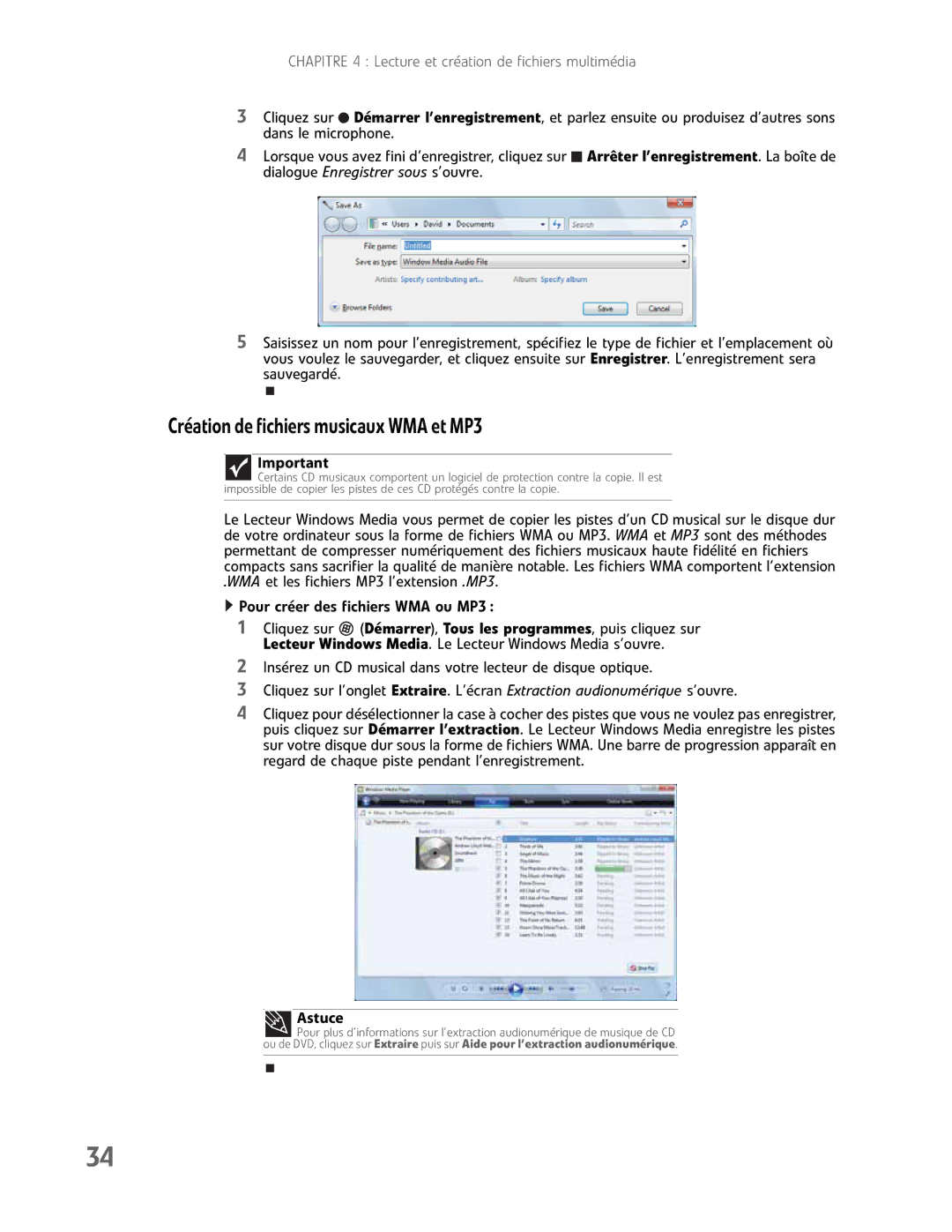 Gateway GM5457H manual CréationdefichiersmusicauxWMAetMP3, Astuce 