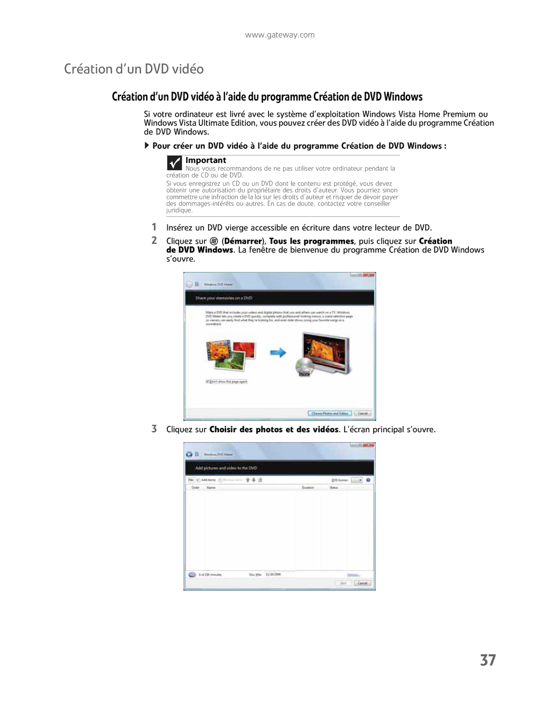 Gateway GM5457H manual Création d’un DVD vidéo, Créationd’unDVDvidéoàl’aideduprogrammeCréationdeDVDWindows 