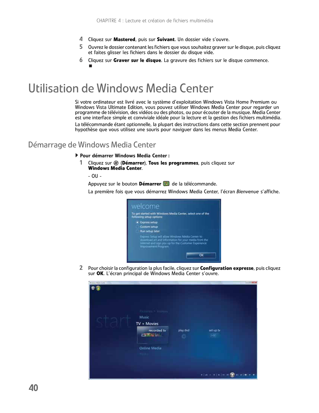 Gateway GM5457H manual Utilisation de Windows Media Center, Démarrage de Windows Media Center 