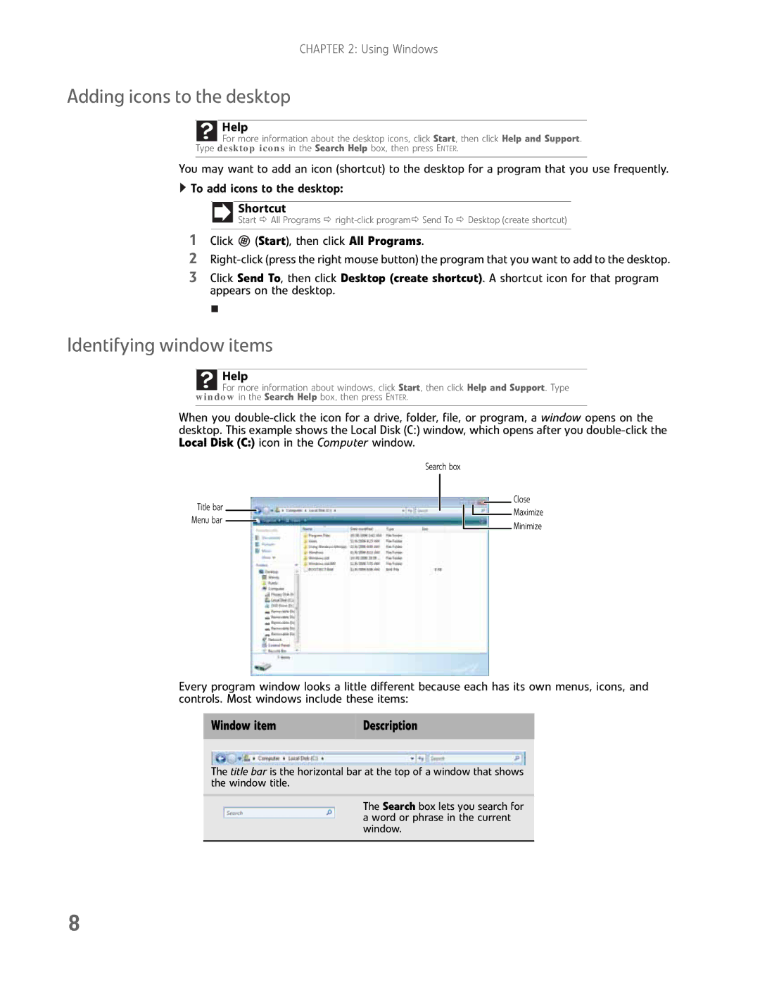 Gateway GM5457H manual Adding icons to the desktop, Identifying window items 