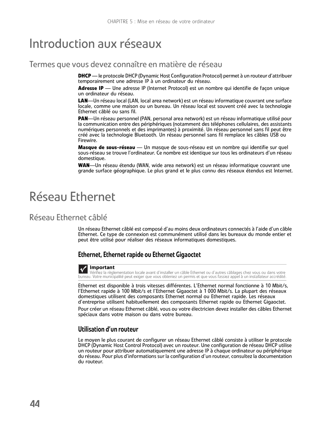 Gateway GM5457H manual Introduction aux réseaux, Réseau Ethernet, Termes que vous devez connaître en matière de réseau 