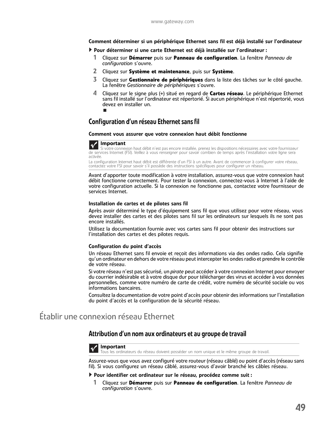 Gateway GM5457H manual Établir une connexion réseau Ethernet, Configurationd’unréseauEthernetsansfil 