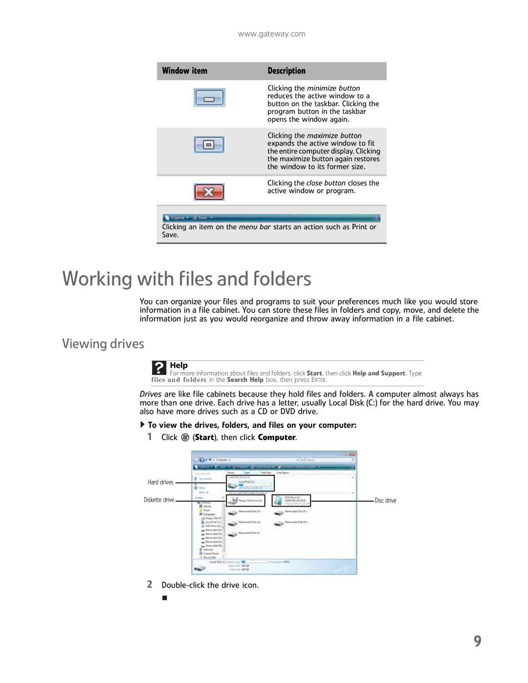 Gateway GM5457H manual Working with files and folders, Viewing drives 