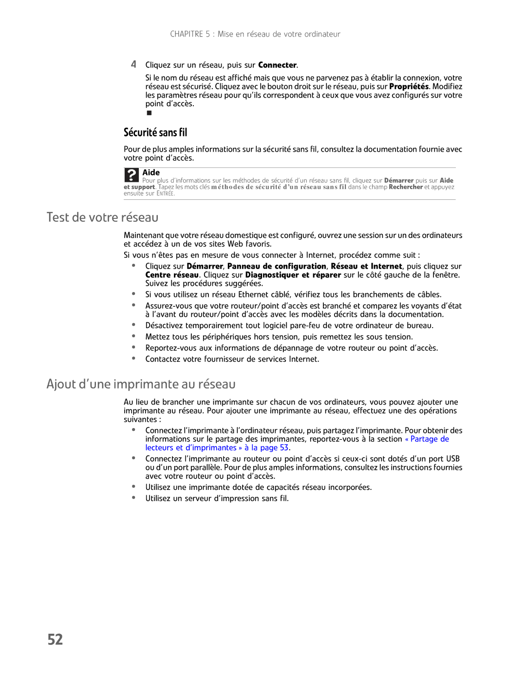 Gateway GM5457H manual Test de votre réseau, Ajout d’une imprimante au réseau, Sécuritésansfil 