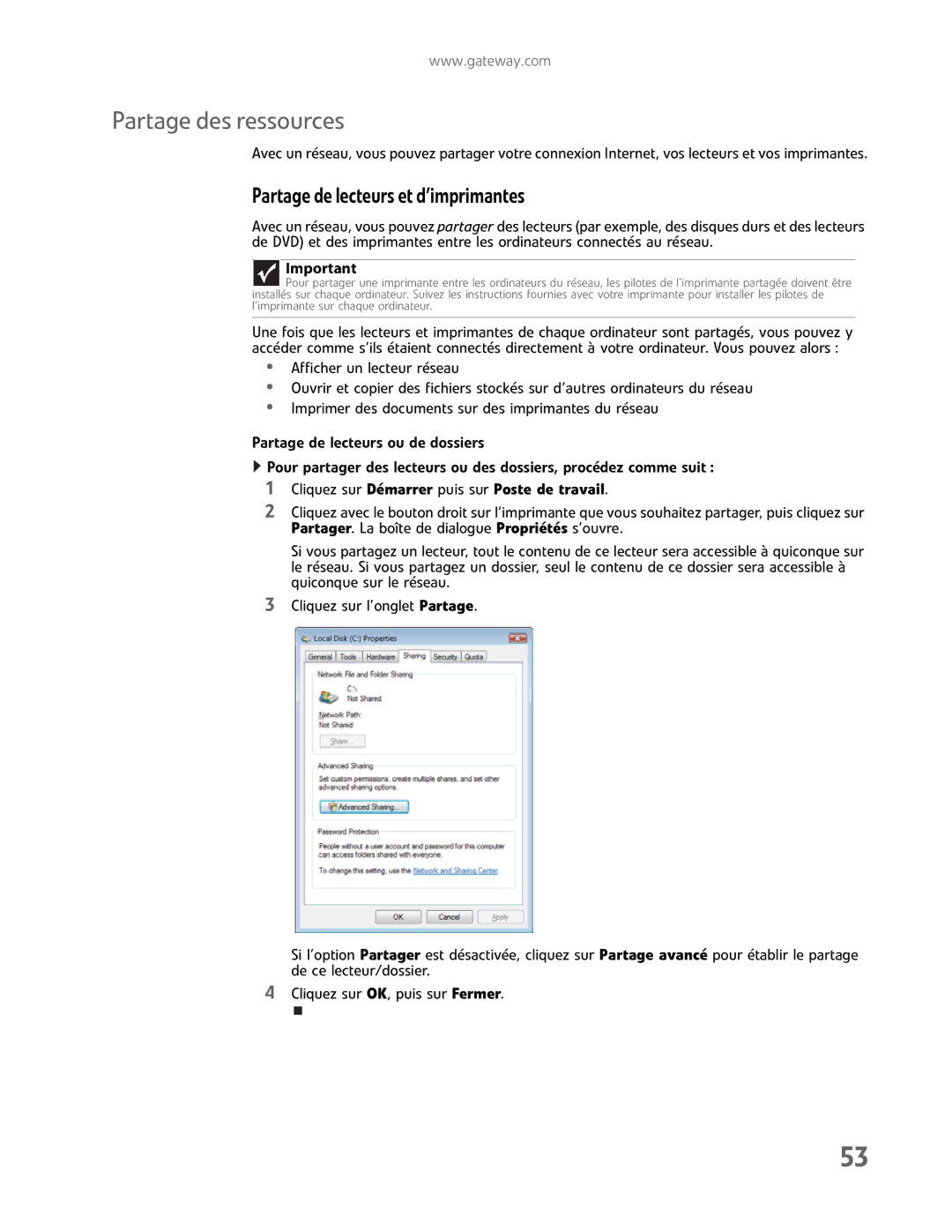 Gateway GM5457H Partage des ressources, Partagedelecteursetd’imprimantes, Cliquez sur Démarrer puis sur Poste de travail 