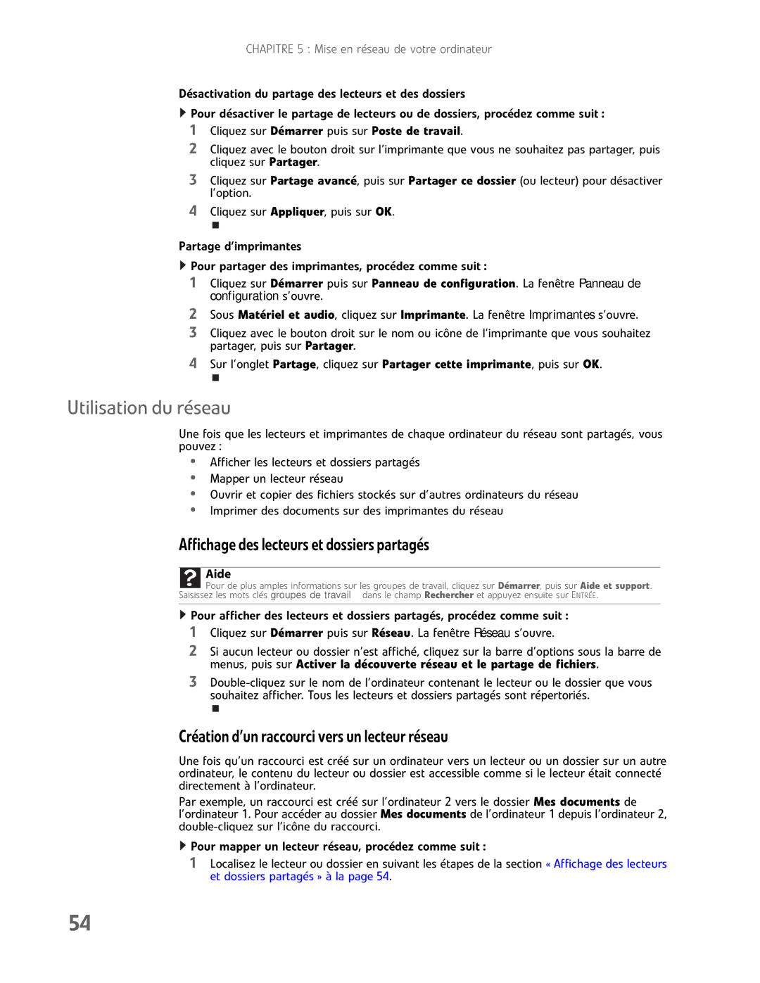 Gateway GM5457H Utilisation du réseau, Affichagedeslecteursetdossierspartagés, Créationd’unraccourciversunlecteurréseau 