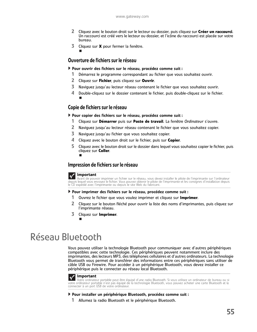 Gateway GM5457H manual Réseau Bluetooth, Ouverturedefichierssurleréseau, Copiedefichierssurleréseau 