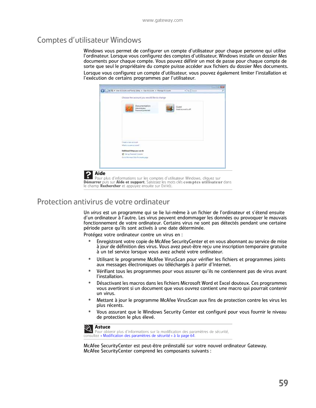 Gateway GM5457H manual Comptes d’utilisateur Windows, Protection antivirus de votre ordinateur 