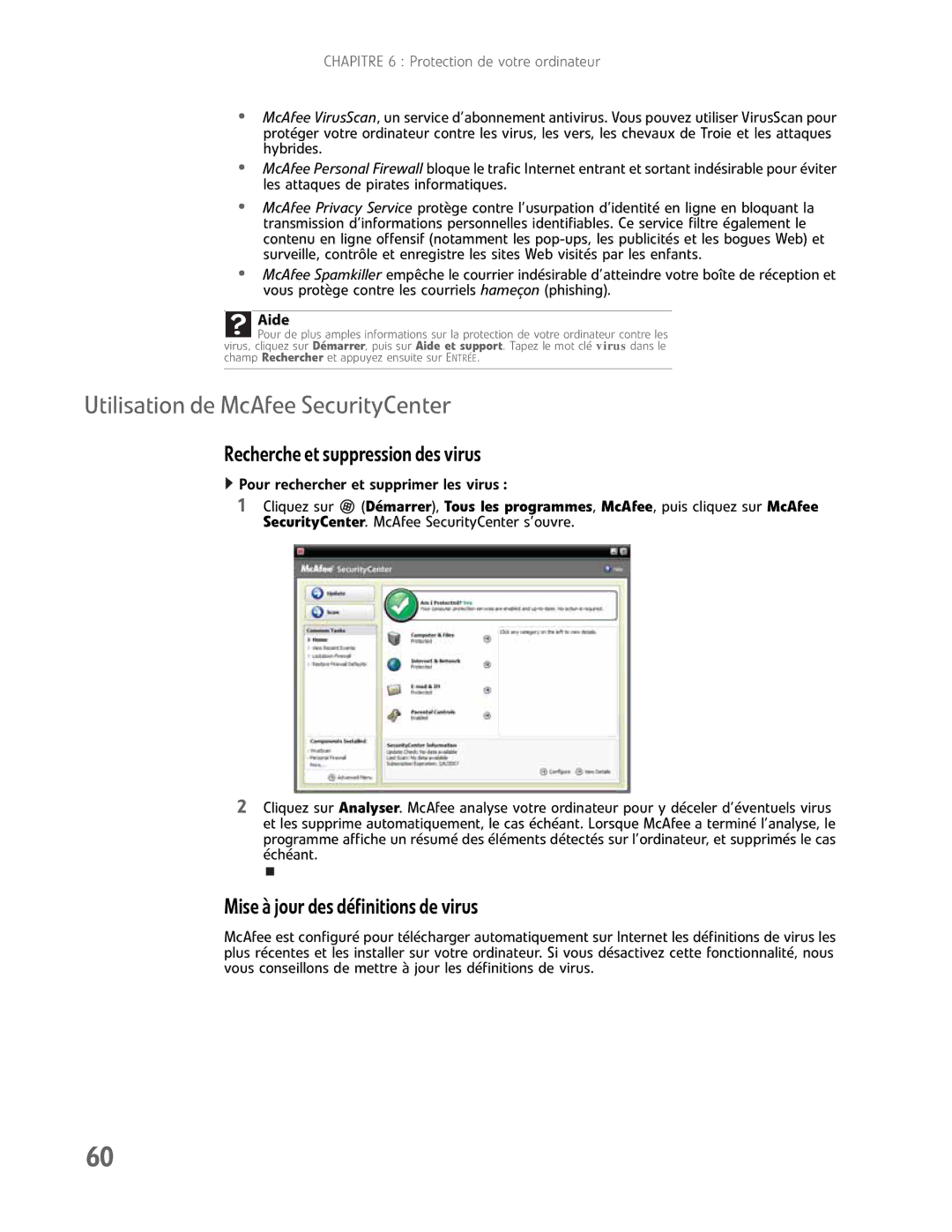 Gateway GM5457H manual Utilisation de McAfee SecurityCenter, Rechercheetsuppressiondesvirus, Miseàjourdesdéfinitionsdevirus 