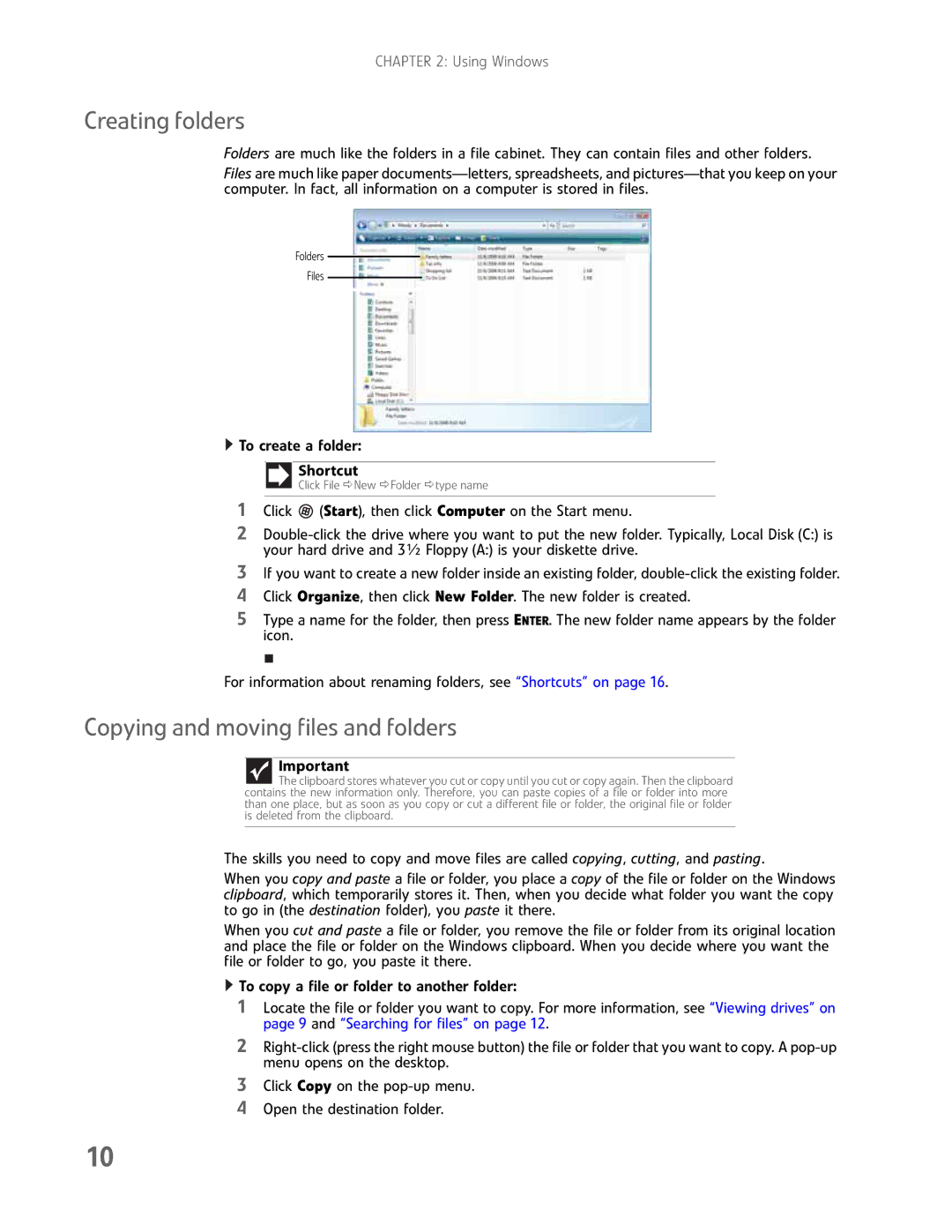 Gateway GM5457H manual Creating folders, Copying and moving files and folders 