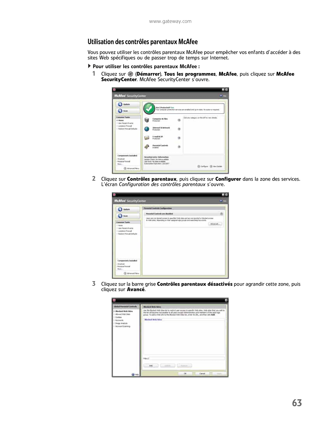 Gateway GM5457H manual UtilisationdescontrôlesparentauxMcAfee 