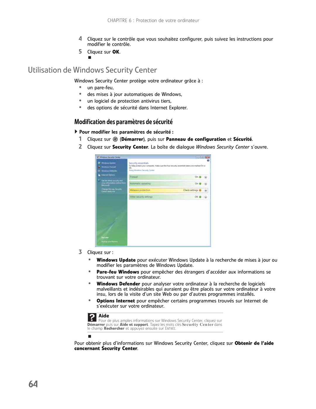 Gateway GM5457H Utilisation de Windows Security Center, Modificationdesparamètresdesécurité, Concernant Security Center 