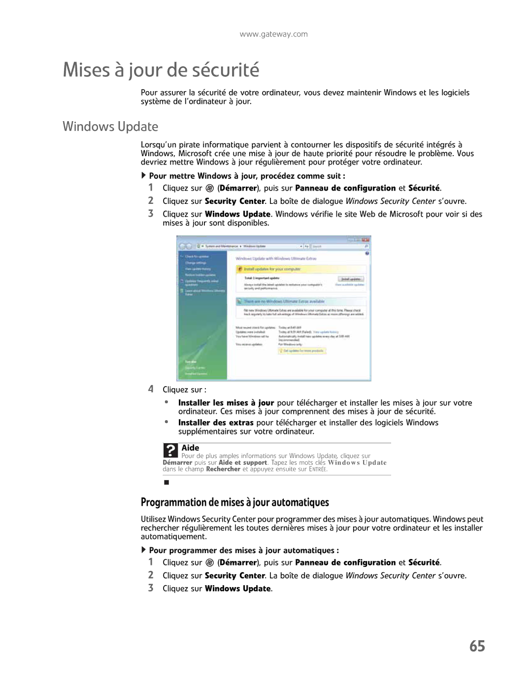 Gateway GM5457H manual Mises à jour de sécurité, Programmationdemisesàjourautomatiques, Cliquez sur Windows Update 