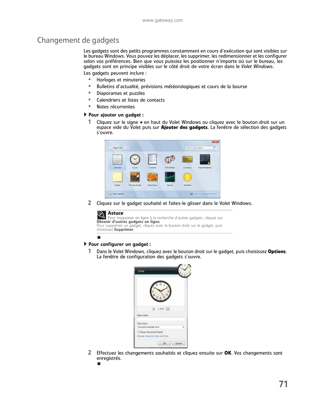 Gateway GM5457H manual Changement de gadgets, Astuce 