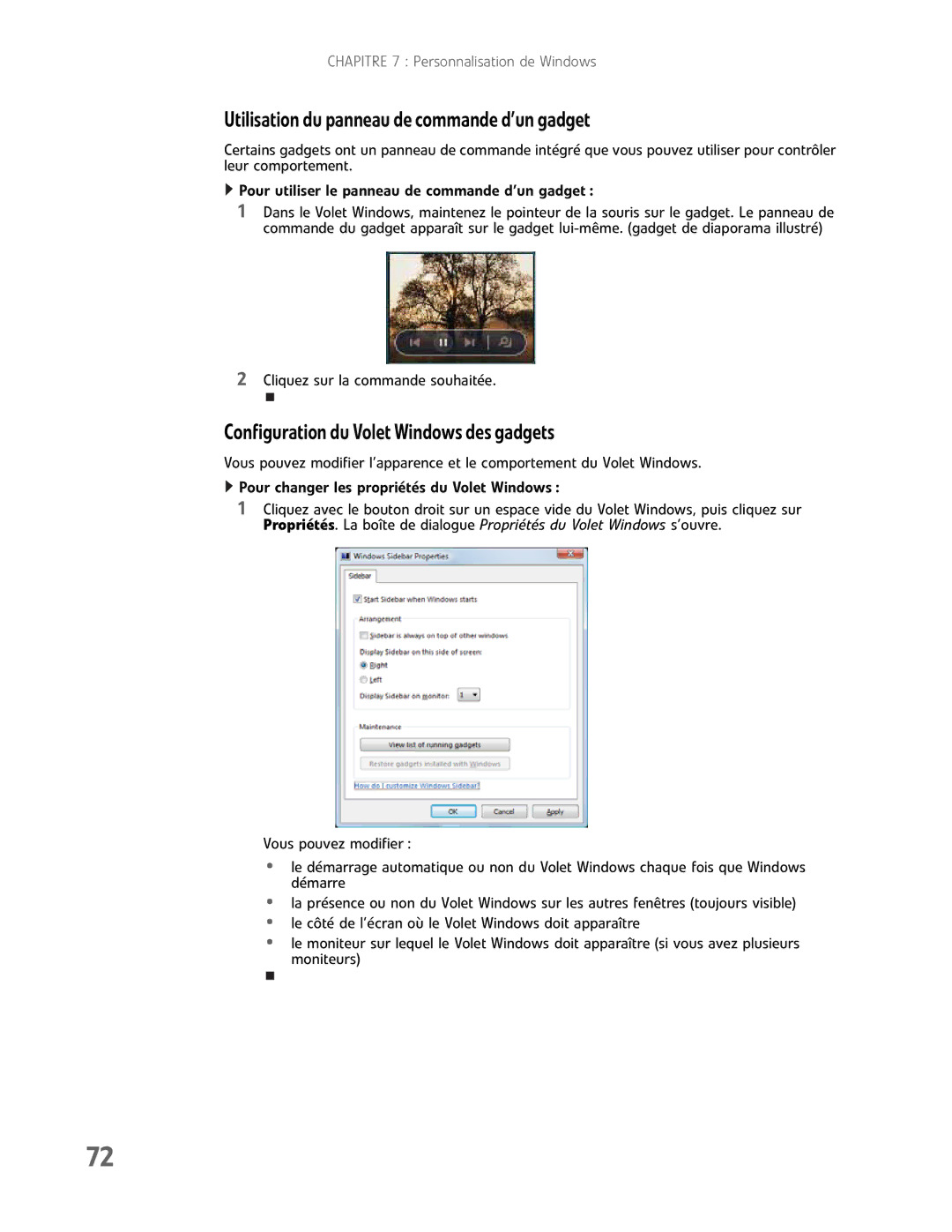 Gateway GM5457H manual Utilisationdupanneaudecommanded’ungadget, ConfigurationduVoletWindowsdesgadgets 