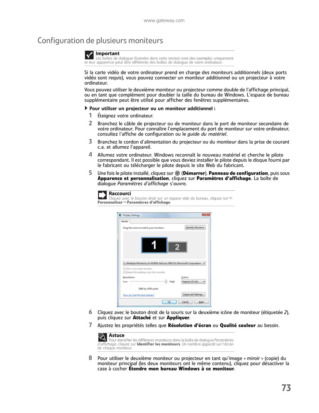 Gateway GM5457H manual Configuration de plusieurs moniteurs, Raccourci 