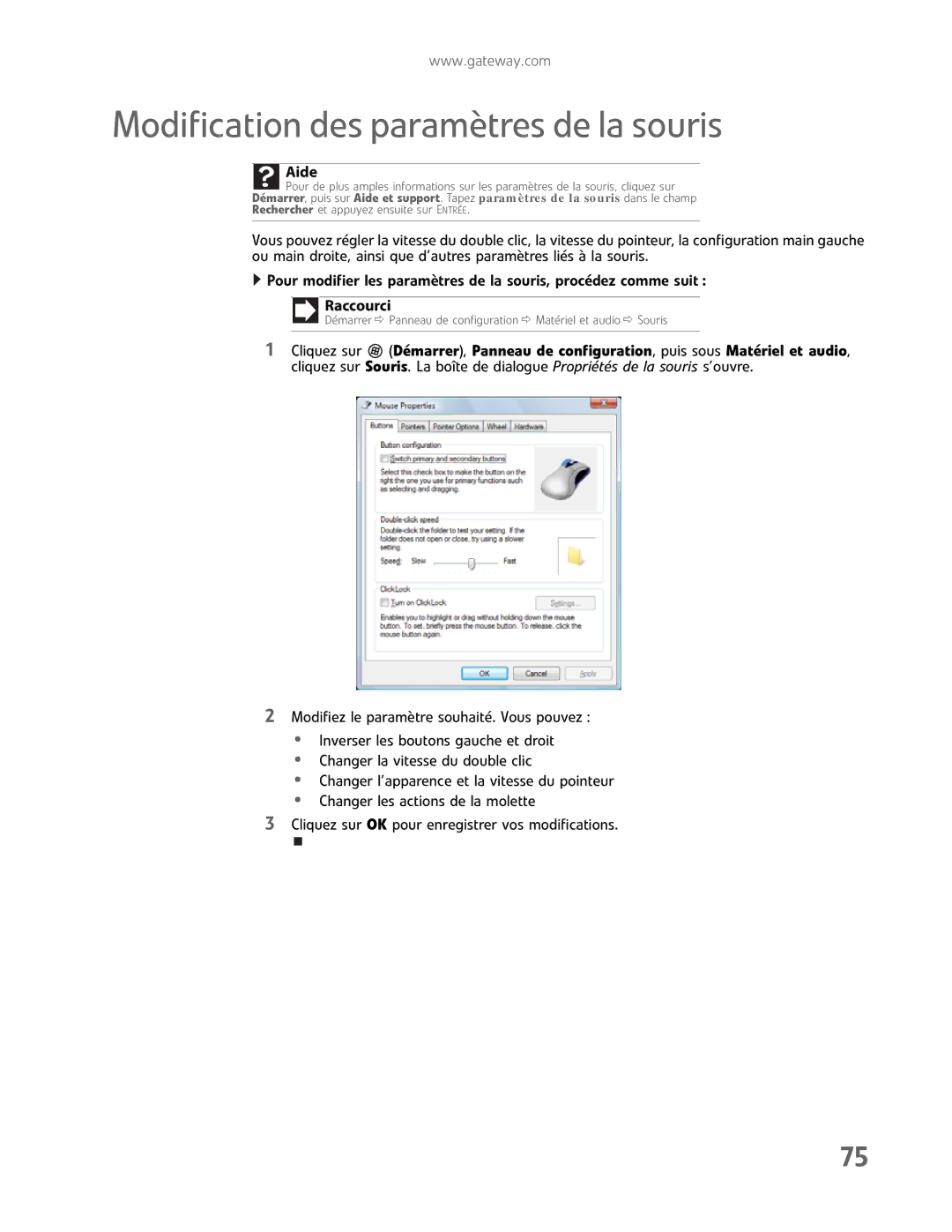 Gateway GM5457H manual Modification des paramètres de la souris, Aide 