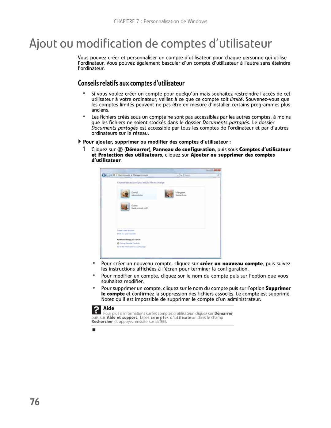 Gateway GM5457H manual Ajout ou modification de comptes d’utilisateur, Conseilsrelatifsauxcomptesd’utilisateur 