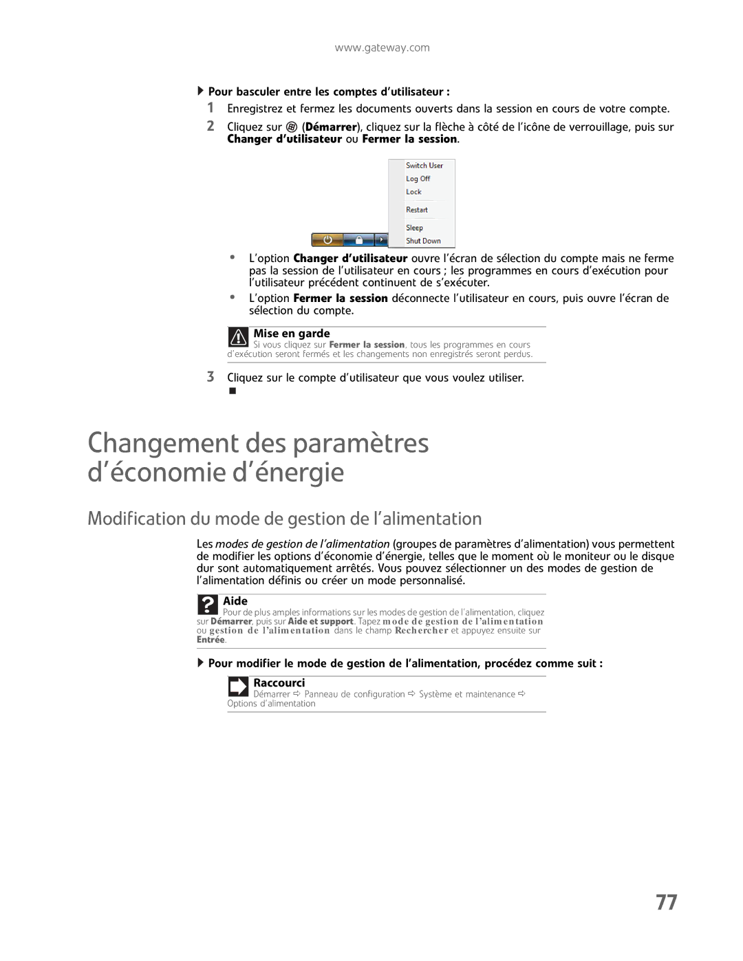 Gateway GM5457H manual Changement des paramètres d’économie d’énergie, Modification du mode de gestion de l’alimentation 