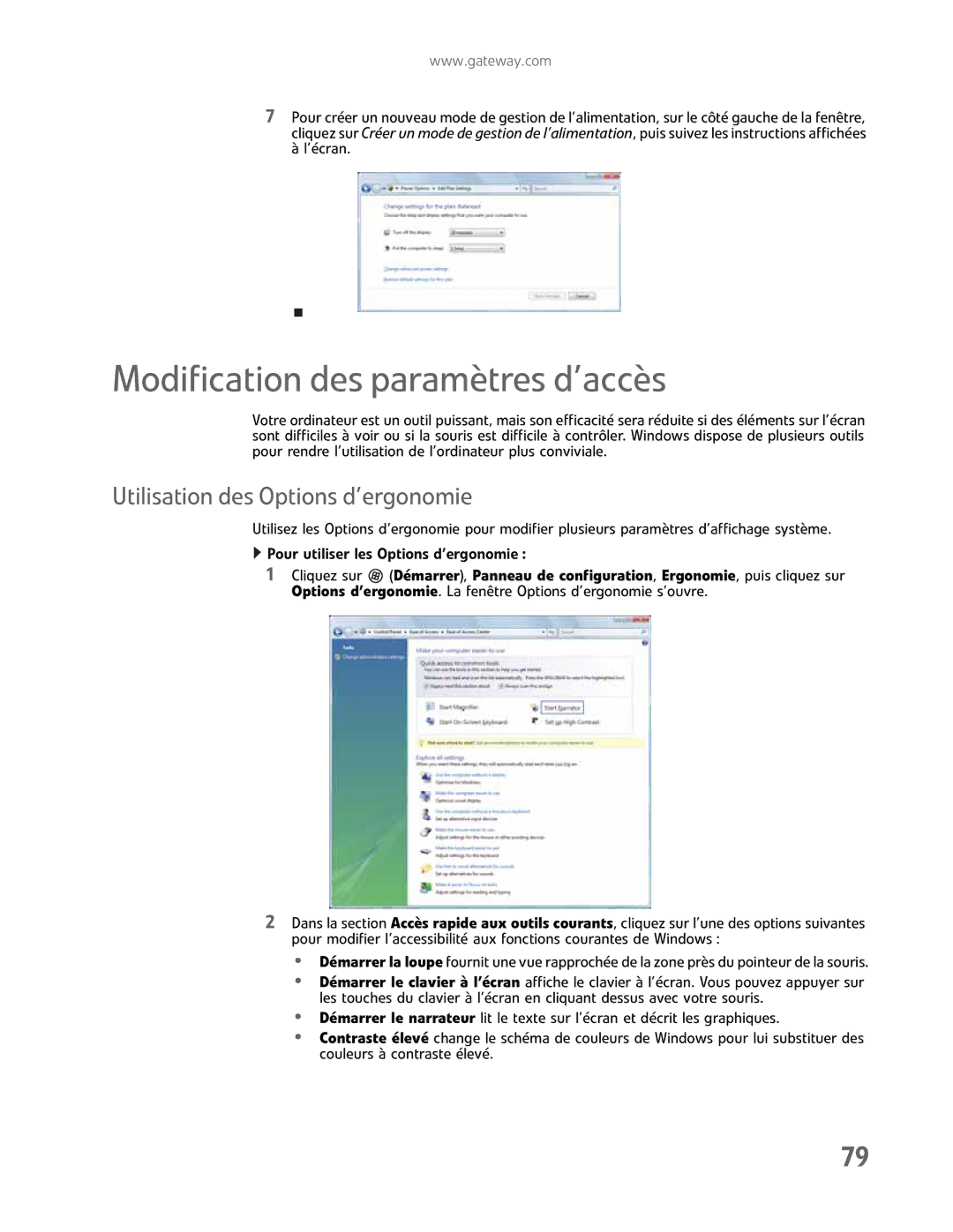 Gateway GM5457H manual Modification des paramètres d’accès, Utilisation des Options d’ergonomie 