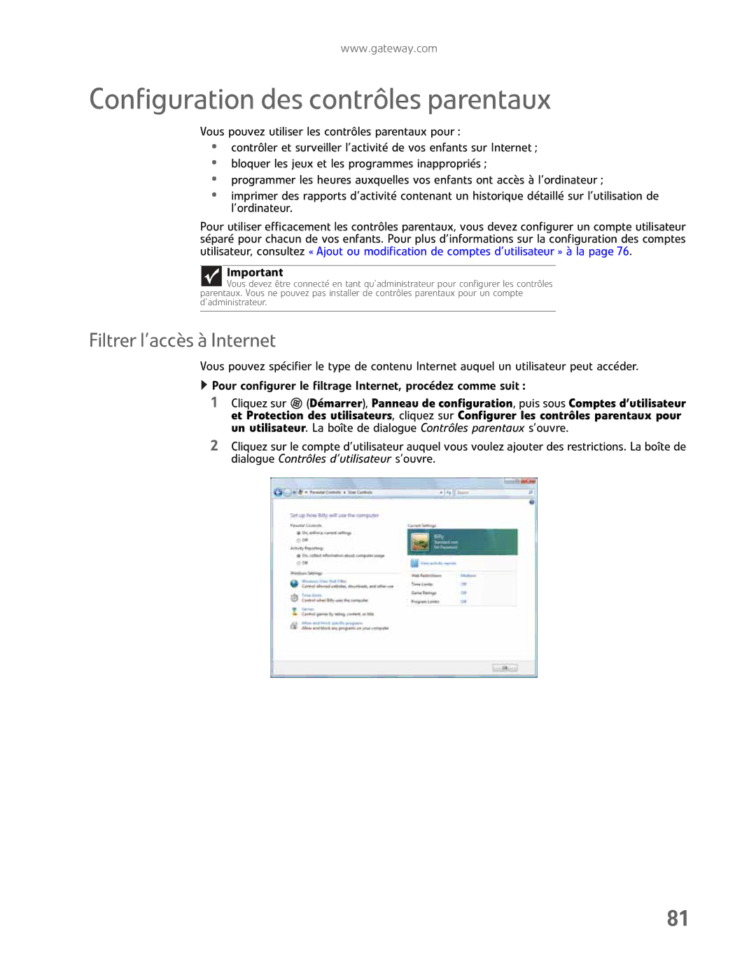 Gateway GM5457H manual Configuration des contrôles parentaux, Filtrer l’accès à Internet 