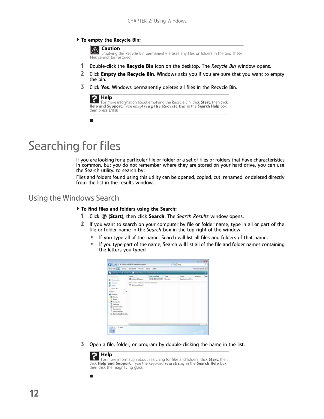 Gateway GM5457H manual Searching for files, Using the Windows Search 