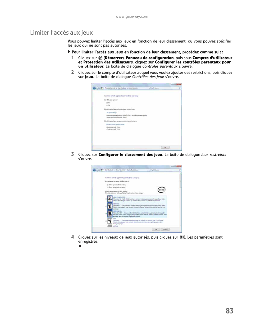 Gateway GM5457H manual Limiter l’accès aux jeux 