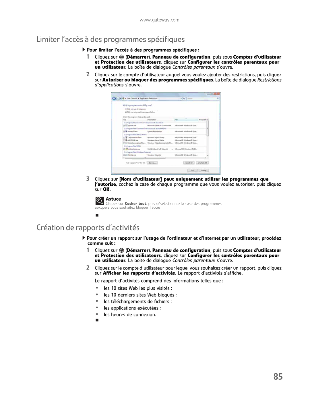 Gateway GM5457H manual Limiter l’accès à des programmes spécifiques, Création de rapports d’activités 