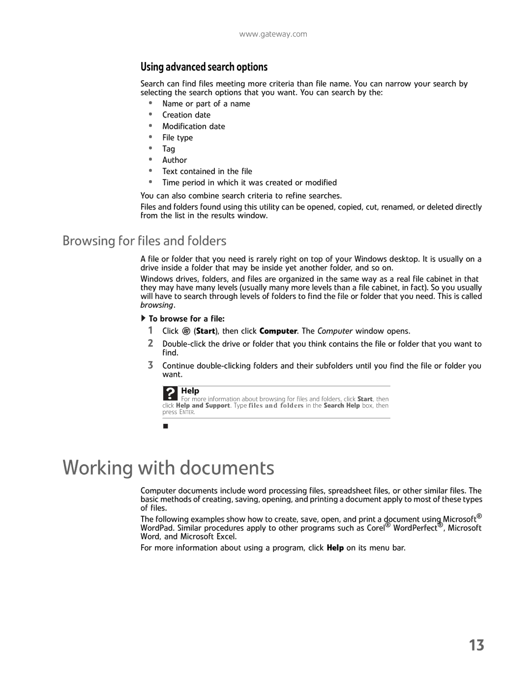 Gateway GM5457H manual Working with documents, Browsing for files and folders, Using advanced search options 