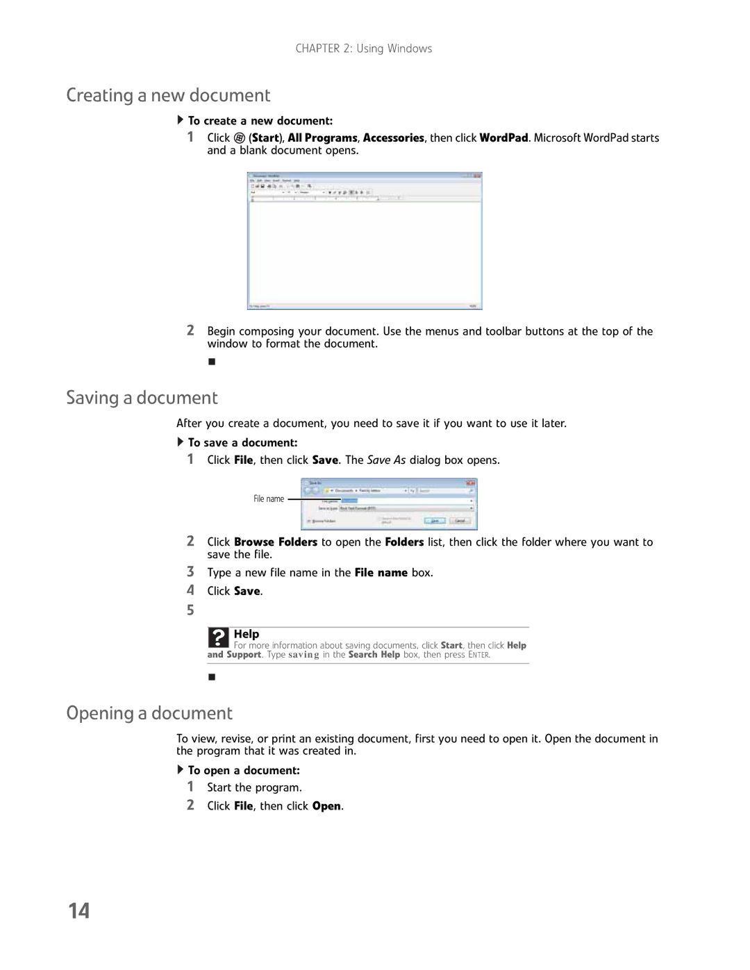 Gateway GM5457H manual Creating a new document, Saving a document, Opening a document 