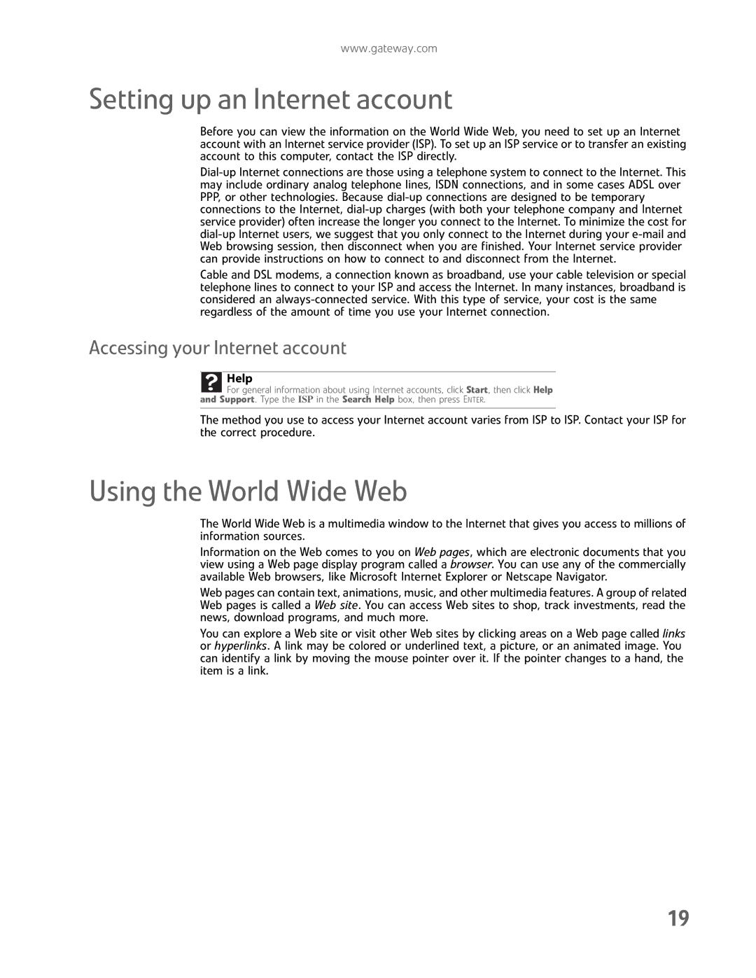 Gateway GM5457H manual Setting up an Internet account, Using the World Wide Web, Accessing your Internet account 