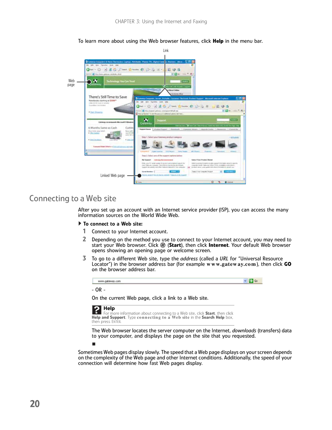 Gateway GM5457H manual Connecting to a Web site 