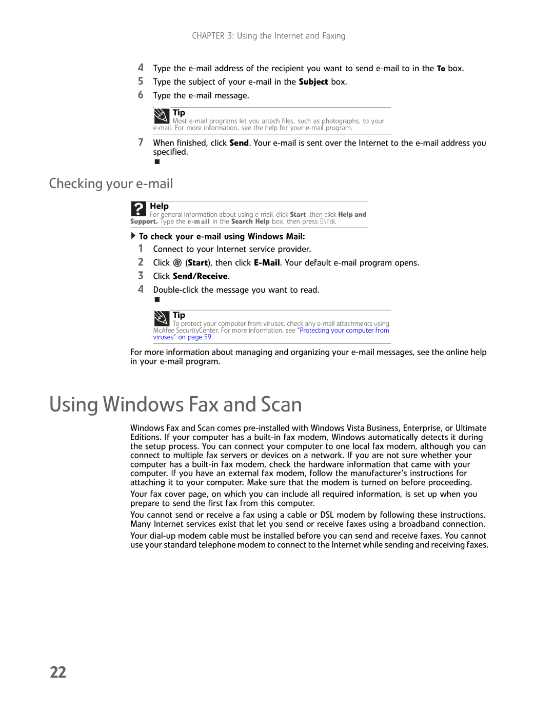 Gateway GM5457H manual Using Windows Fax and Scan, Checking your e-mail, Tip, Click Send/Receive 