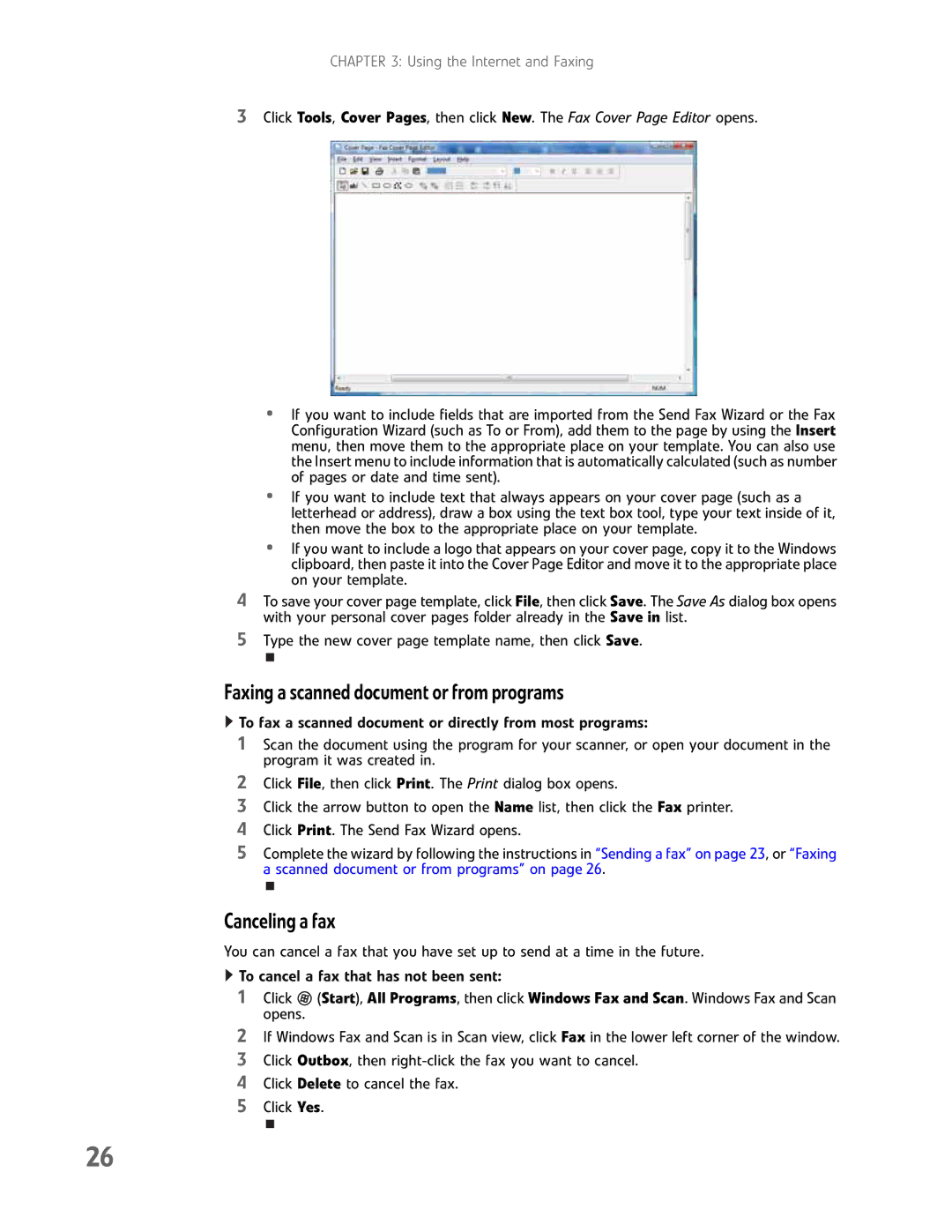 Gateway GM5457H manual Faxing a scanned document or from programs, Canceling a fax 