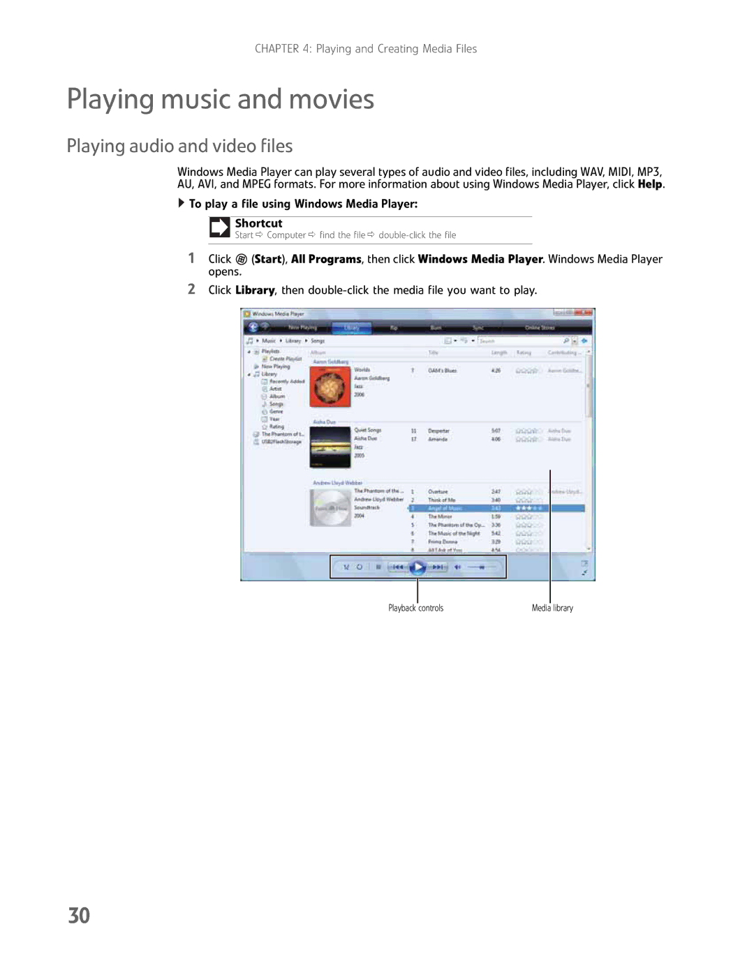 Gateway GM5457H manual Playing music and movies, Playing audio and video files 