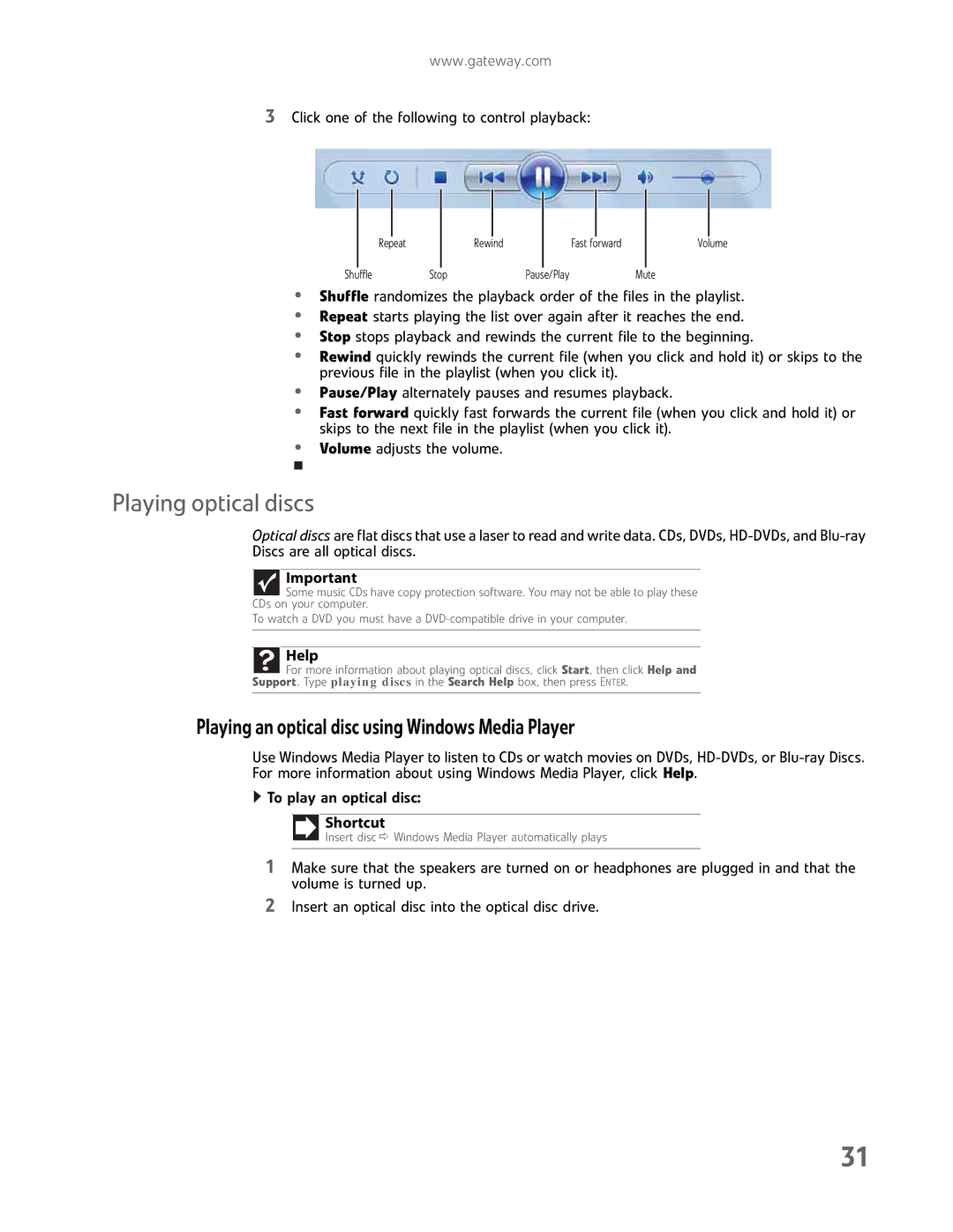 Gateway GM5457H manual Playing optical discs, Playing an optical disc using Windows Media Player 