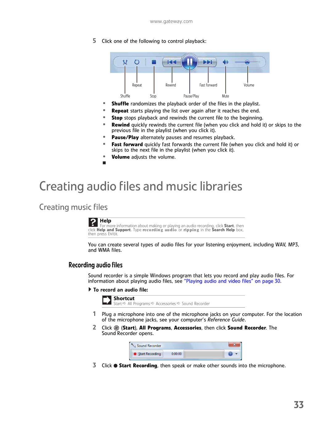 Gateway GM5457H manual Creating audio files and music libraries, Creating music files, Recording audio files 