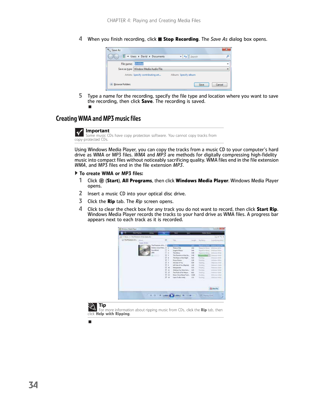 Gateway GM5457H manual Creating WMA and MP3 music files, Tip 