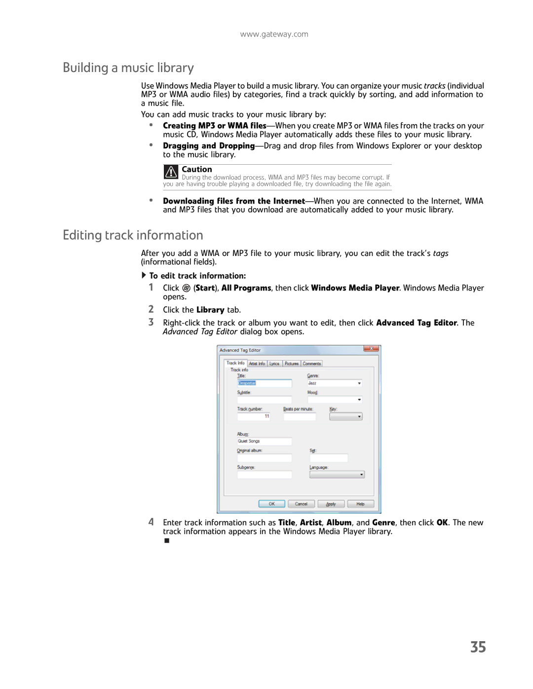 Gateway GM5457H manual Building a music library, Editing track information 