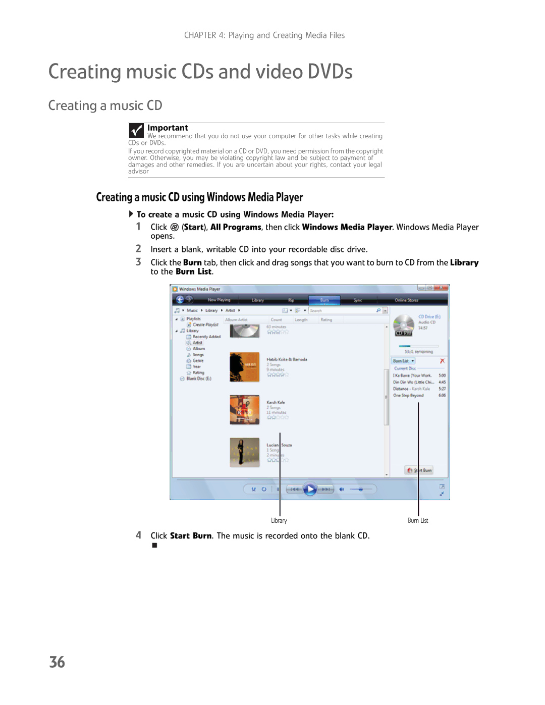 Gateway GM5457H manual Creating music CDs and video DVDs, Creating a music CD using Windows Media Player 