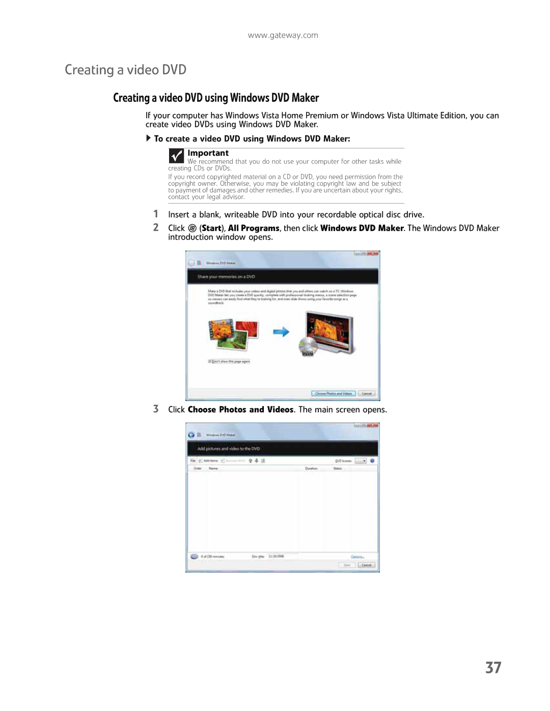 Gateway GM5457H manual Creating a video DVD using Windows DVD Maker 