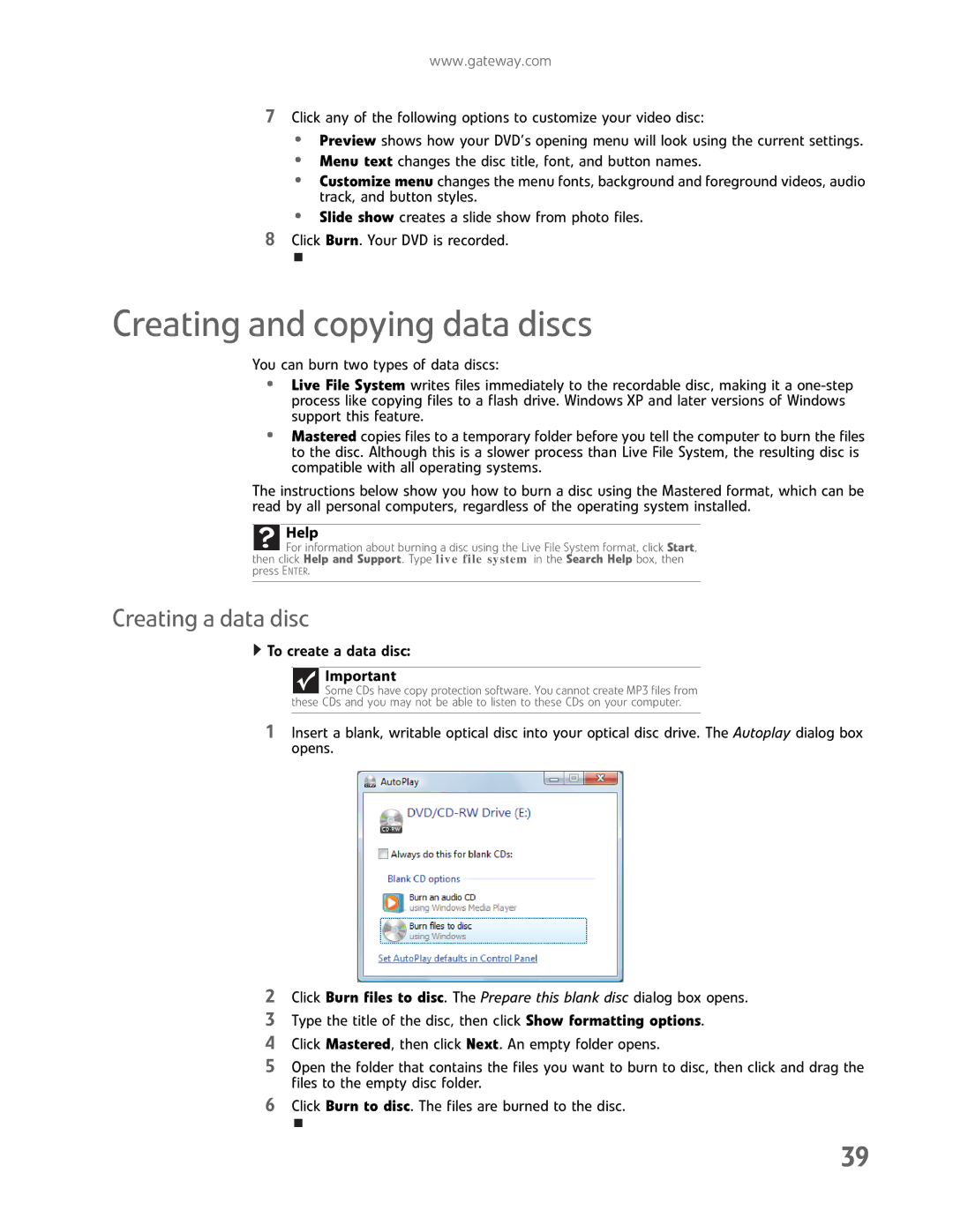 Gateway GM5457H manual Creating and copying data discs, Creating a data disc 