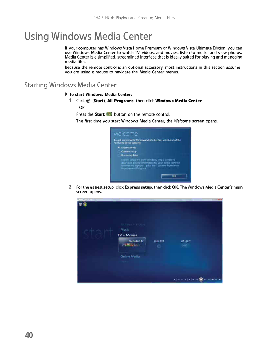 Gateway GM5457H manual Using Windows Media Center, Starting Windows Media Center 