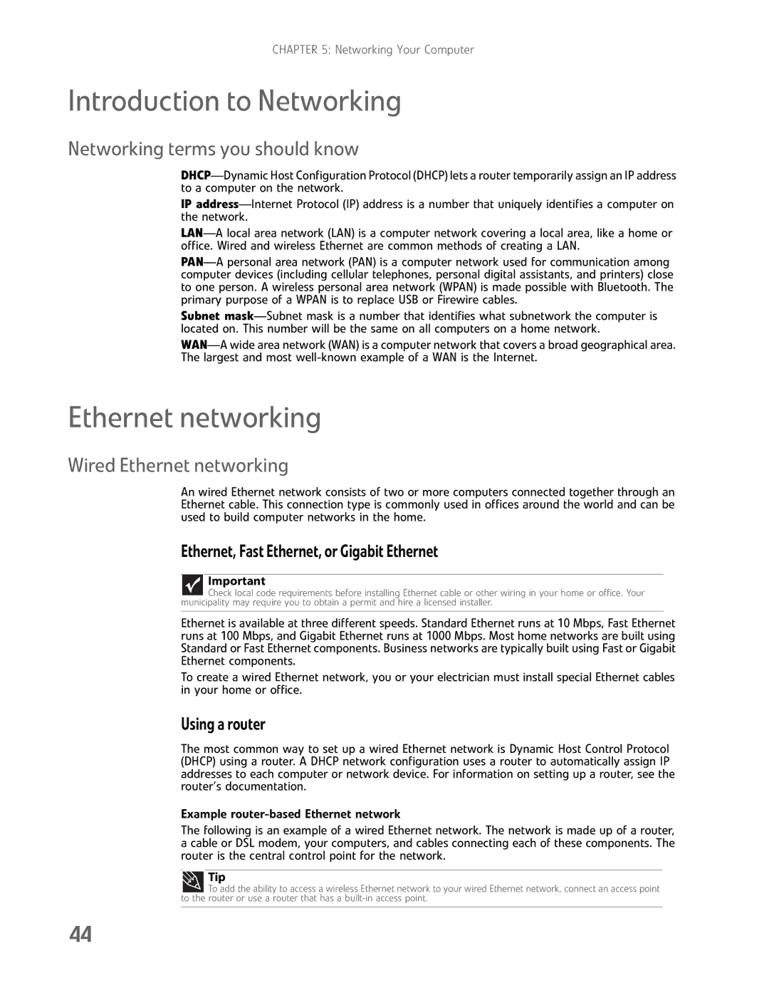 Gateway GM5457H manual Introduction to Networking, Ethernet networking, Networking terms you should know 