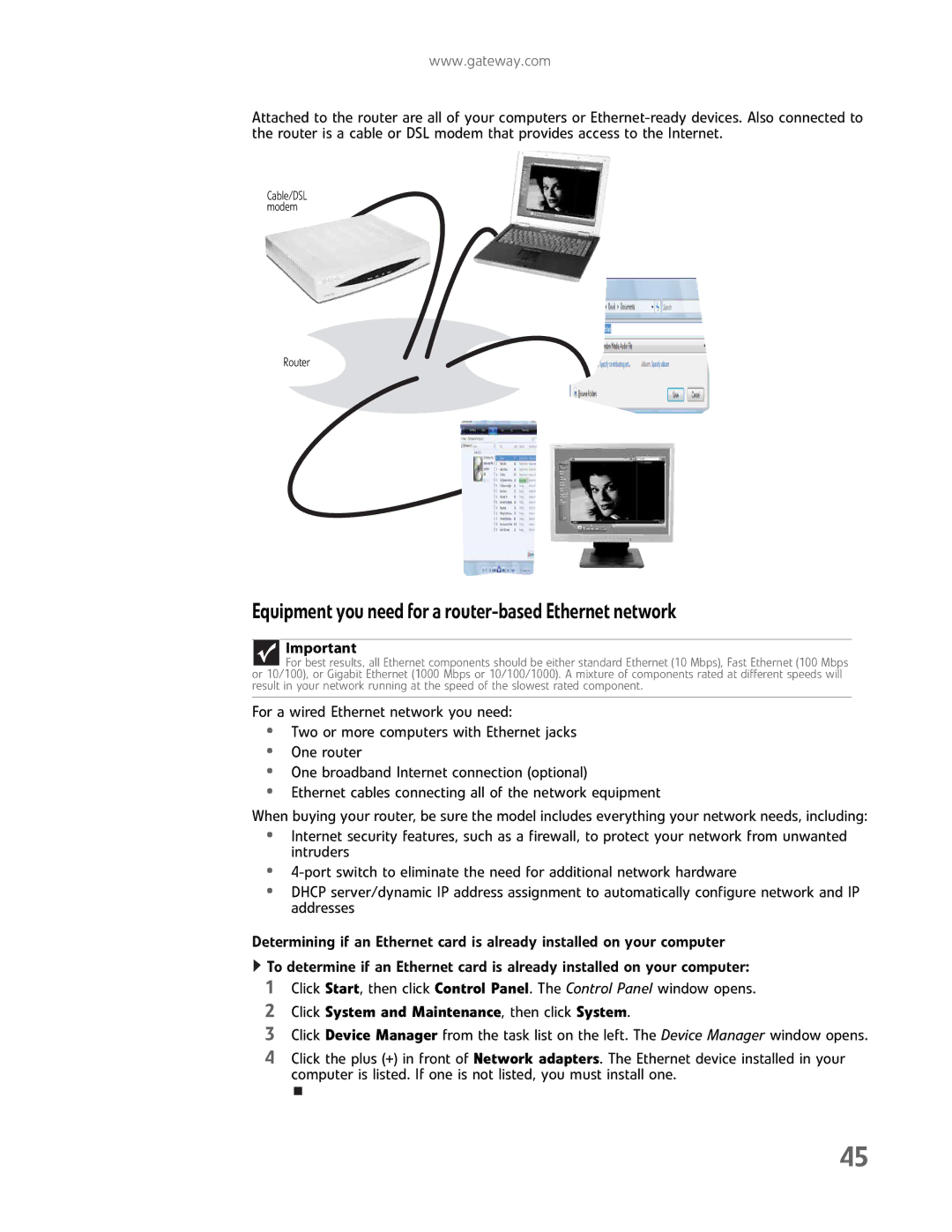 Gateway GM5457H Equipment you need for a router-based Ethernet network, Click System and Maintenance, then click System 